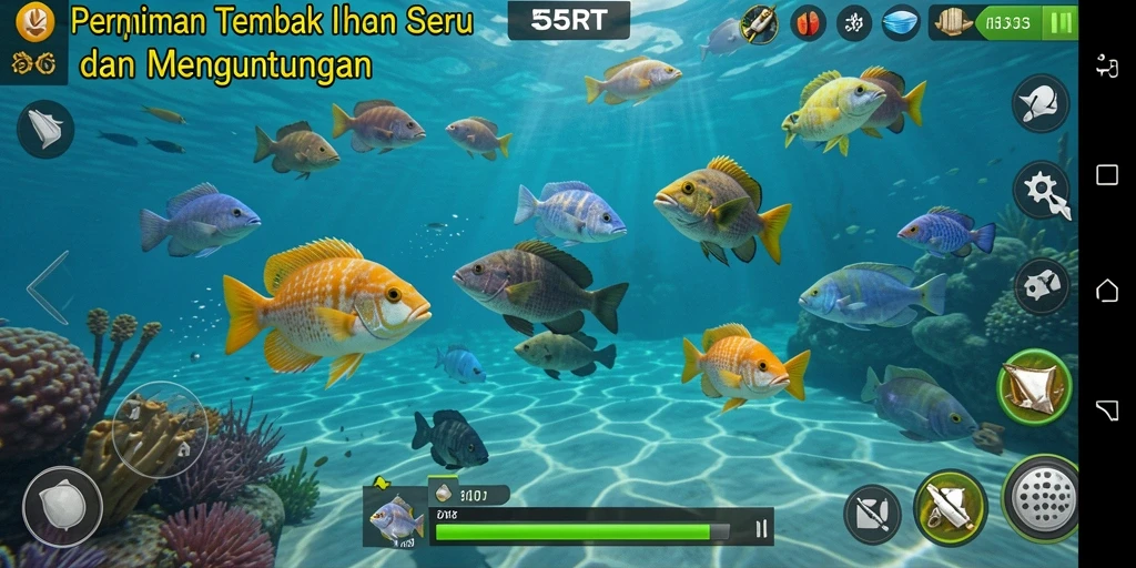 Screenshot utama 55RT menampilkan aksi menembak ikan yang seru.