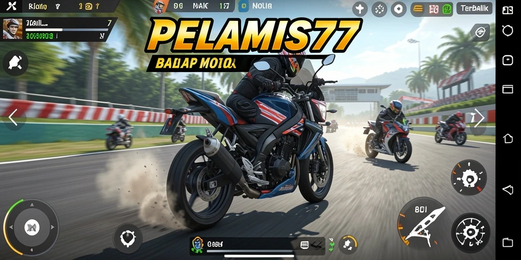 Tampilan gameplay PELAMIS77 dengan motor balap beraksi di trek.