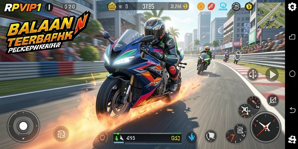 Screenshot RPVIP1 yang menunjukkan aksi balapan motor yang seru.